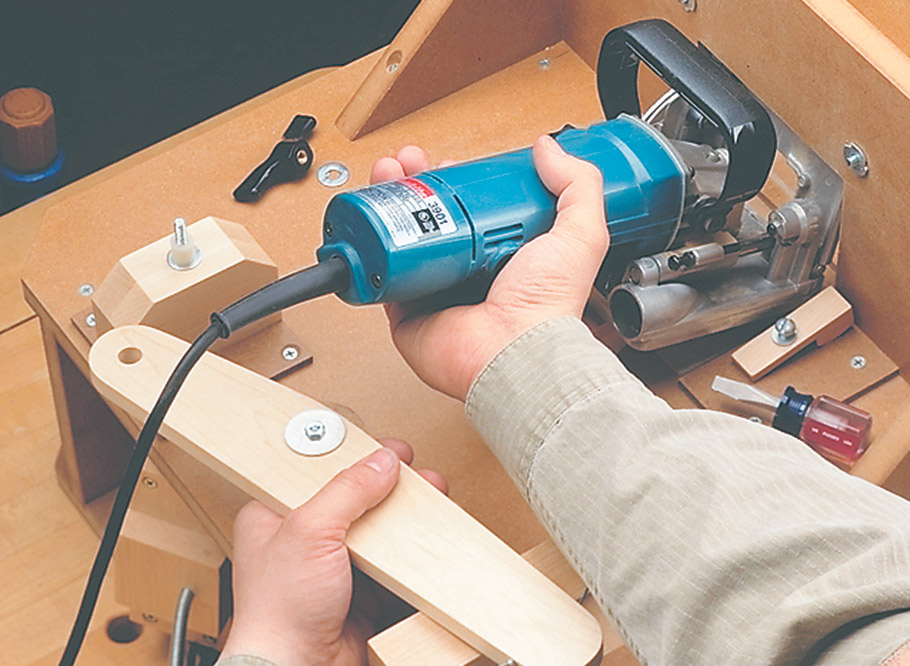 b'This simple shop-built table converts your plate joiner into a handy benchtop tool.'